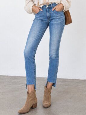 GOOD AMERICAN Good Waist Raw Step Hem Stretch Skinny Jeans Medium Blue Wash 4/27